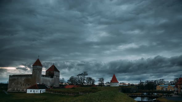 Kuressaare, Saaremaa Island, Estonia. Time-lapse Time Lapse Timelapse Episcopal Castle In Evening alt