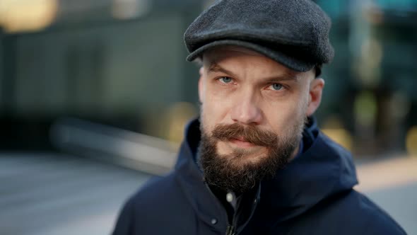 Portrait of Townsman on City Street Slow Motion Guy with Moustache and Beard alt