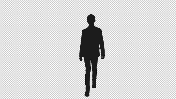 Black and White Silhouette of Walking Young Business Man in Suit Jacket, Alpha Channel