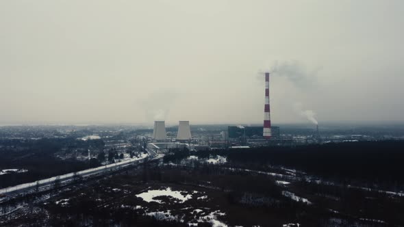 Coal fired power plant. gas emissions into the atmosphere. winter landscape. Aerial view. alt