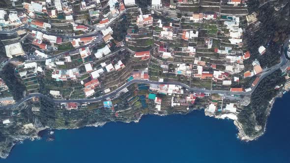 Amalfi Coast Italy  Aerial View Of The Houses With Blue Calm Sea  Aerial Shot