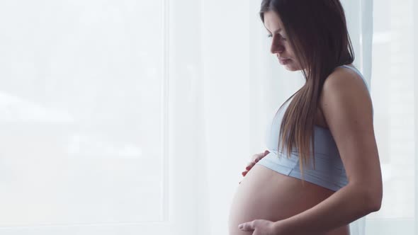 Young pregnant woman is resting at home and expecting a baby. alt