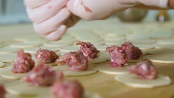 The Hands of the Cook Lay Out Pieces of Minced Meat on the Dough for Making Dumplings alt