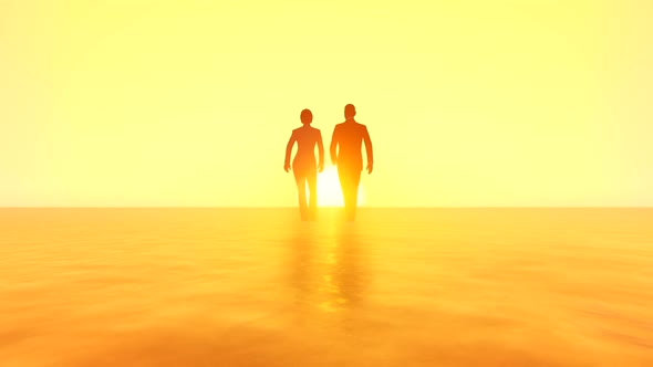 Woman Man Walking To The Sun