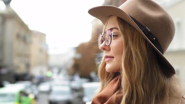 Closeup Profile Caucasian Girl Student Attractive Young Woman Thinking Standing on Street in City alt