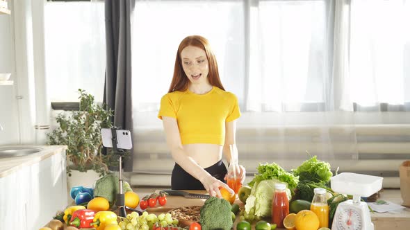 Cute Dietitian Blogger Writes Video Content About Healthy Food and Healthy Eating on Her Smartphone