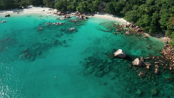 Aerial descent tilt up over secluded blue lagoon beach Anse Lazio alt