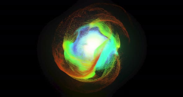 Colorful abstract swirling particles around a sphere.
