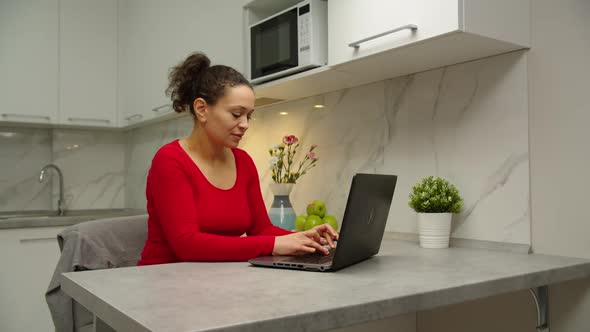 Moving Shot of Beautiful Black Woman Using Laptop Indoors alt