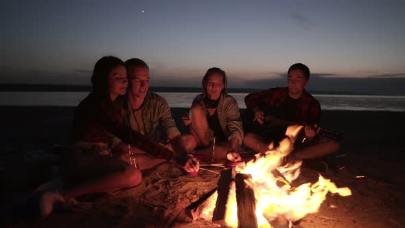 Picnic with Friend on the Beach Near the Bonfire alt