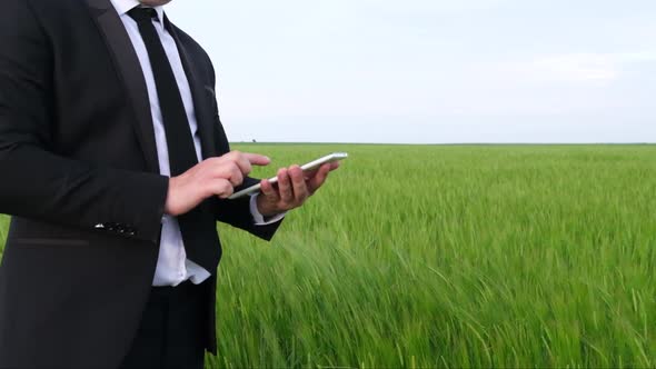Man Businessman in Suit Using Tablet Computer in Green Wheat Field alt