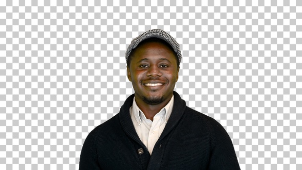 Casual African American man in a hat smiling, Alpha Channel alt