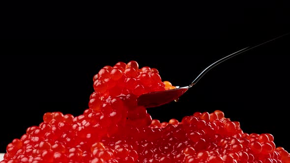 red chum salmon caviar in a metal spoon on a black background