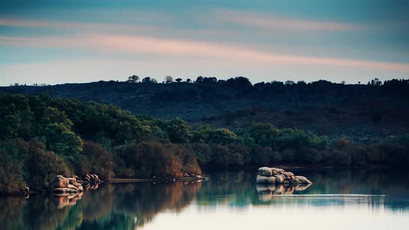 Evening Lake Landscape in Portugal. Timelapse