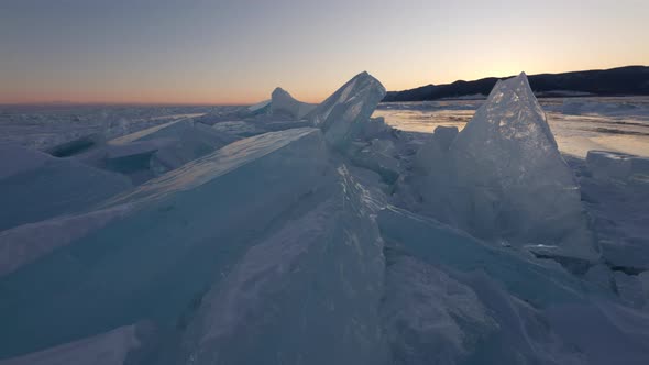 Huge Ice Hummocks on Frozen Surface of Baikal Lake