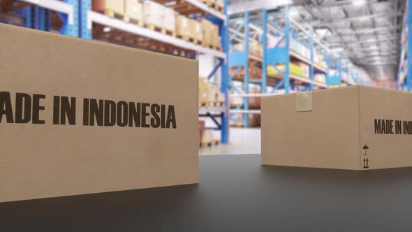 Boxes with MADE IN INDONESIA Text on Conveyor alt