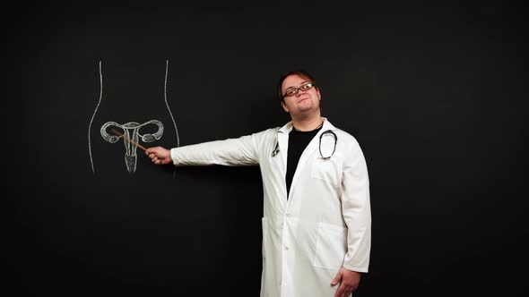 Professor Standing at Blackboard Is Explaining How Female Reproductive System Is Arranged alt