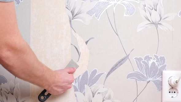 Removing Old Wallpaper with a Spatula and a Sprayer with Water
