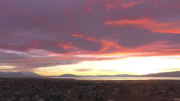 Aerial view over Utah Valley during colorful sunset alt