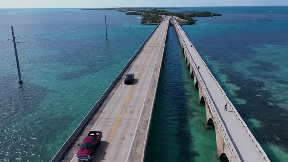 Aerial shot of the Seven Mile Bridge which leads to Key West Florida alt