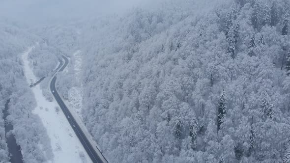 Aerial shot: cars and trucks are driving by the road in winter forest.