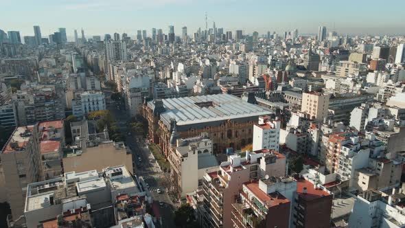Aerial dolly in flying over the Palace of Running Waters, a National Historical Monument in Buenos A alt
