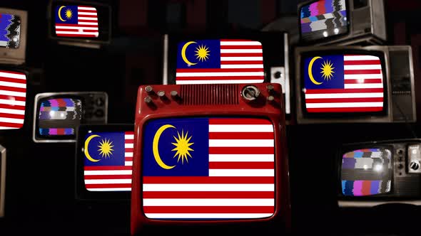 Flag of Malaysia on Retro TVs. 4K.