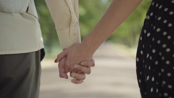 Back View of Unrecognizable Young Couple Walking Along Sunny Alley in Summer Park Holding Hands alt