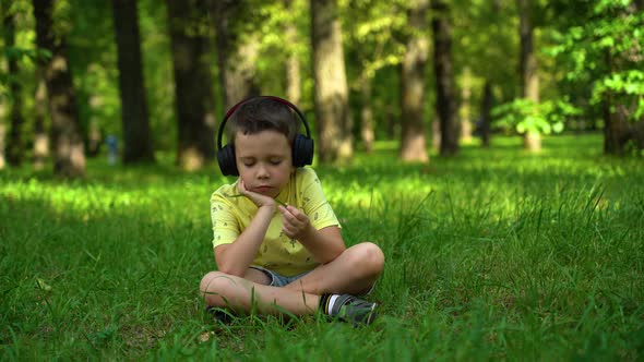 Caucasian boy listens to music in headphones while enjoying music in the park.  alt