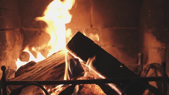 Burning Wood in Fireplace at Home