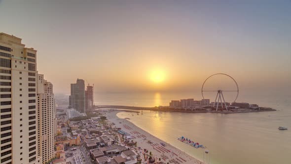 Sunset Waterfront Overview Jumeirah Beach Residence JBR Skyline Aerial Timelapse with Yacht and alt