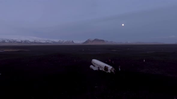 Iceland, aerial view of airplane wreck at Solheimasandur at dusk