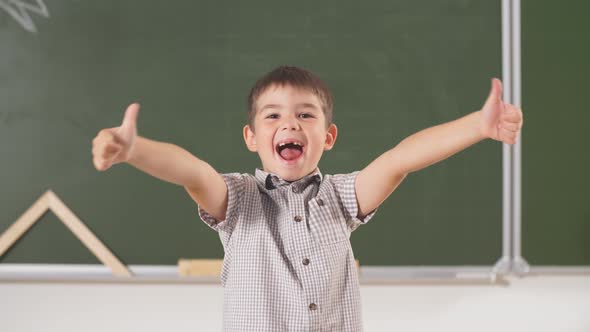 Smiling Boy Thumb Up Going To School for First Time alt