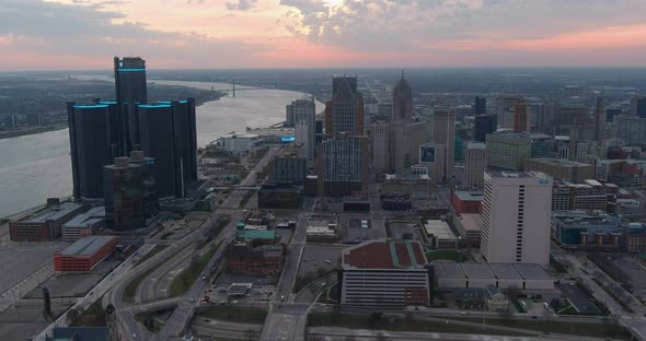 Aerial view of downtown Detroit city in the evening. This video was filmed in 4k for best image qual alt