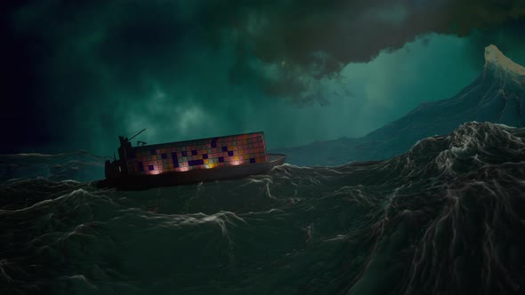 Cargo Ship Sailing In A Thunderstorm