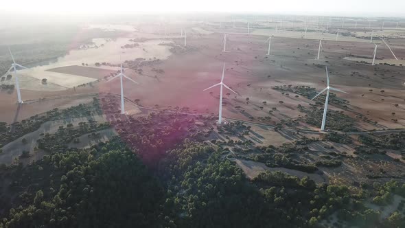 Aerial View of a Field of Wind Generators During Sunset Near Madrid. Spain in the Fall
