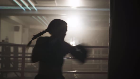 Boxing, Woman Fighter Trains His Punches, Beats a Punching Bag, Training in the Boxing Gym, Strength alt
