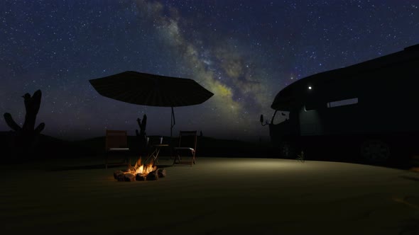 Camper Recreational Vehicles In Desert With Milky Way