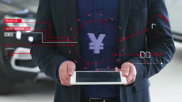 Man with a Futuristic Screen with the Sign Yen. The Concept of the Future Interface on a Transparent