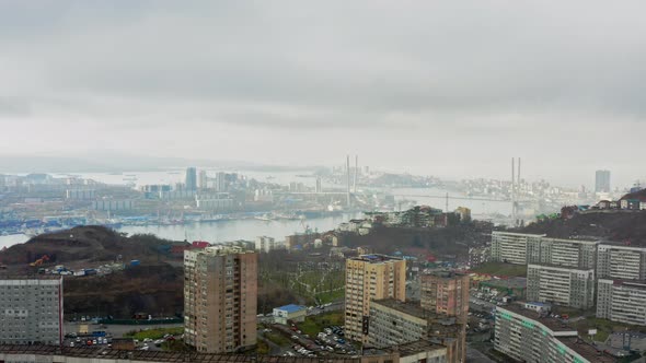 Aerial View of Vladivostok City in Haze and Fog on an Autumn Morning alt