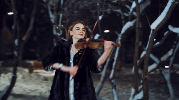 beautiful girl with make-up and in a white dress is playing a violin composition in a winter park alt