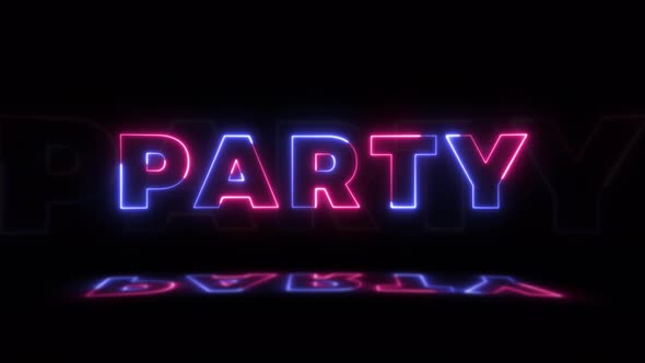 neon-glowing-word-party-on-a-black-background-with-reflections-on-a