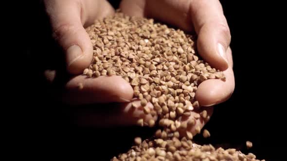 Female Hands Pours Buckwheat Grain. Slow Motion alt