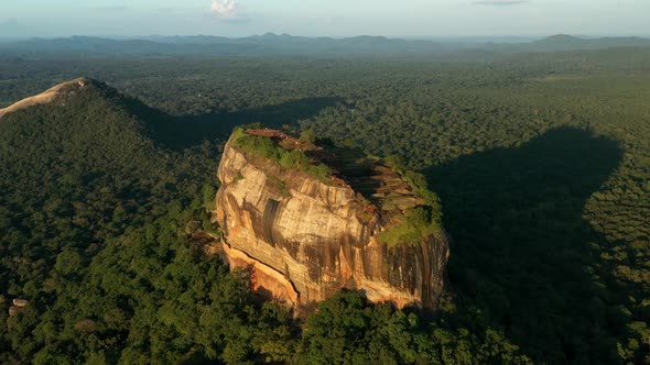 Aerial Drone View Of Sigiriya Rock Fortress On Lion Rock During Sunset