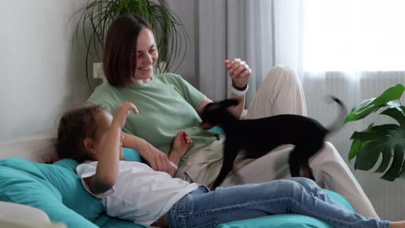 Portrait of Happy Mother and Little Daughter with Cute Dog on Sofa at Home alt