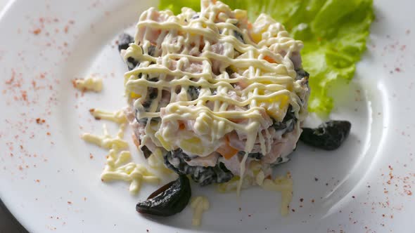 Salad with Prunes Vegetables and Meat