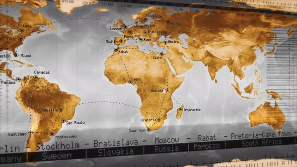 World map showing well known cities and times zones with connections. Orange. alt