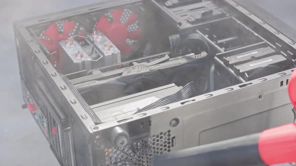 Dust Blowing of Black Atx Persolnal Computer Case Closeup with Slow Motion alt