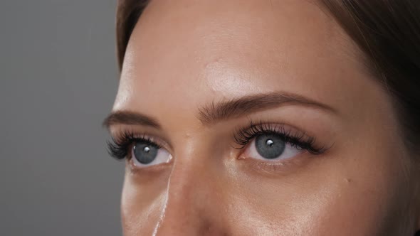 Female Eye with Long Russian Volume Eyelashes Close Up Blue Eyes Macro Open Nude Clear Skin alt