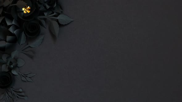 Black paper flowers on Black background. Cut from paper. 4k video template alt